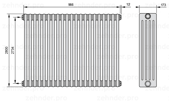 Схема (чертеж) Радиатор Zehnder Charleston 5280/21 №1270 Белый глянцевый RAL 9016